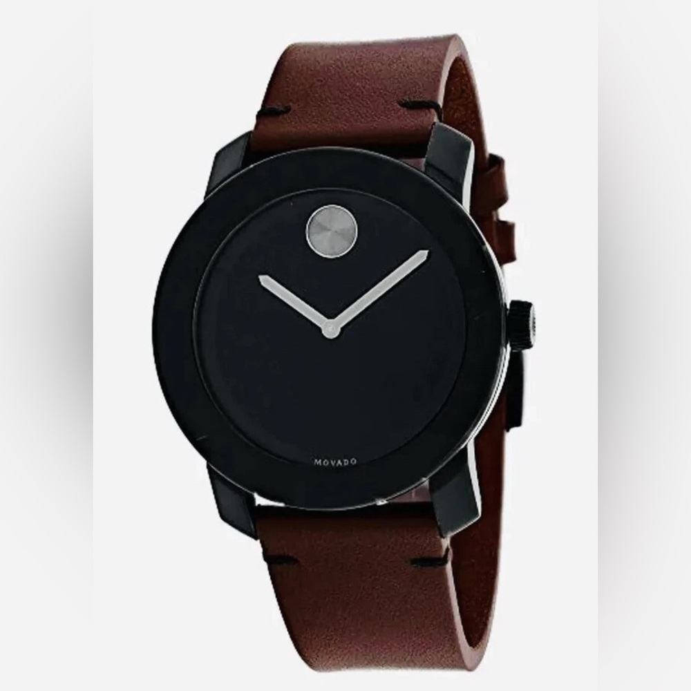 New Movado Bold Men's Burgundy Leather Strap Black Dial Watch 3600602